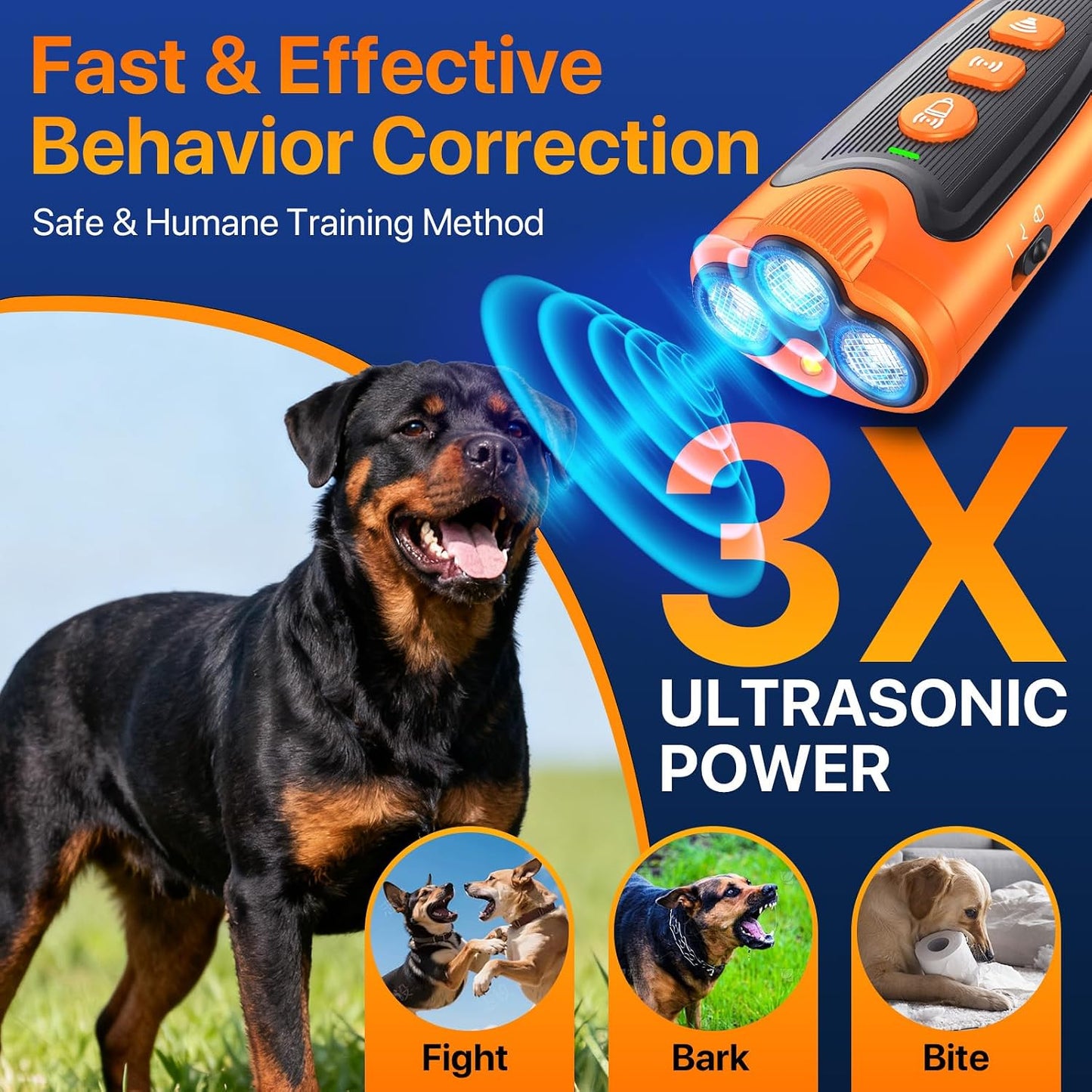 Dispositivo antiladridos perro 3 ultrasónicos 6 modos 23pies