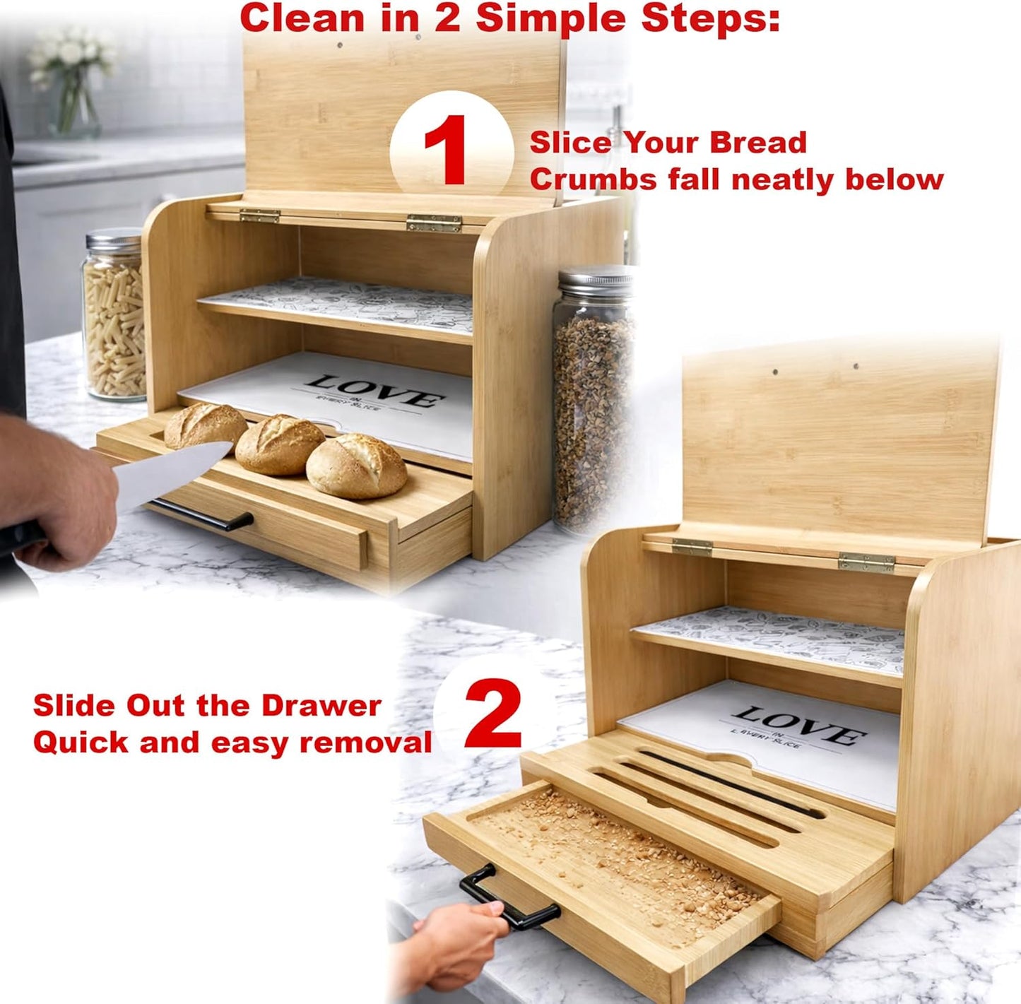 Caja pan bambú vintage para cocina grande madera real