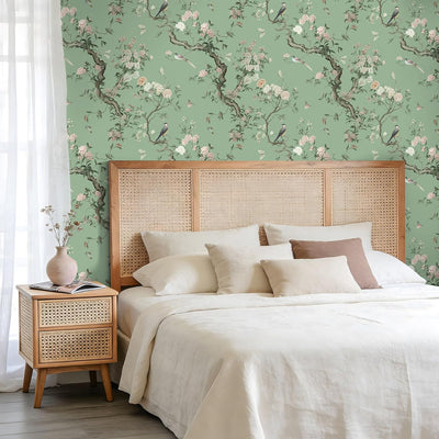 Papel tapiz vintage Chinoiserie floral verde salvia 17.7x118pulg
