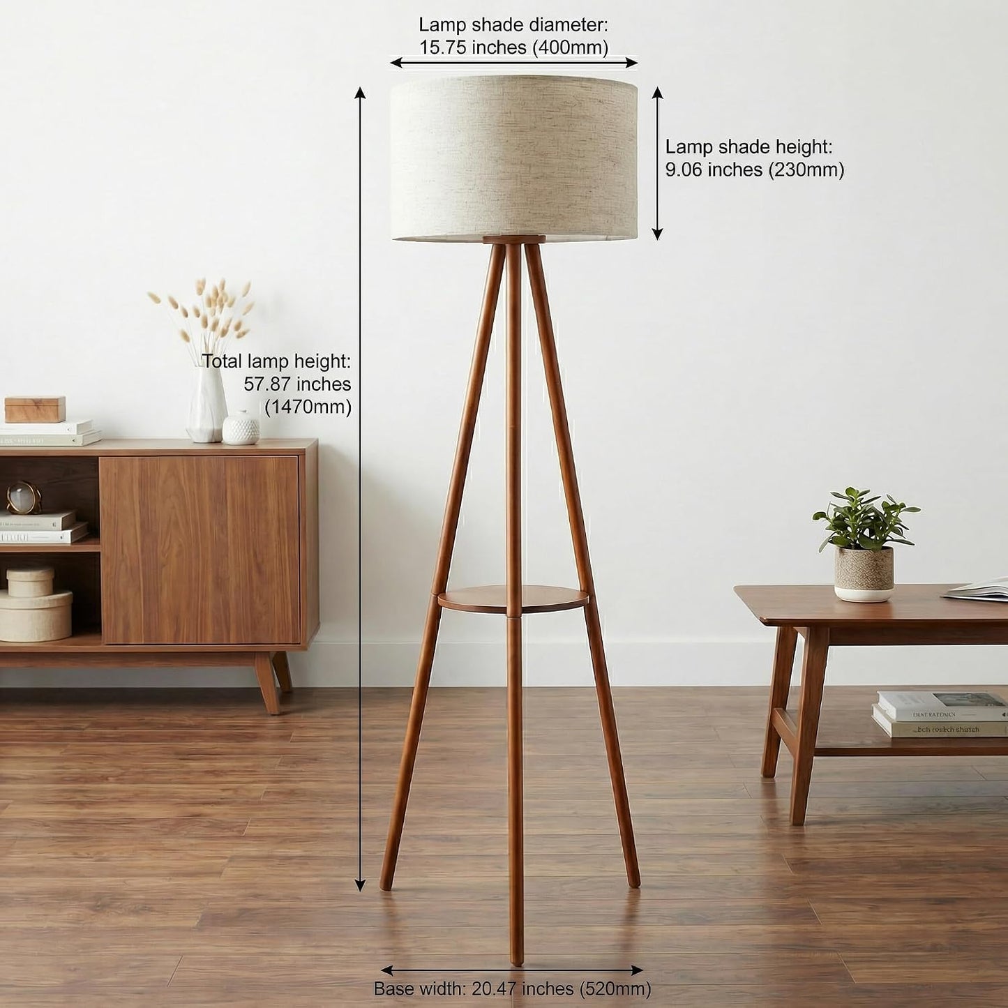 Lámpara pie moderna pantalla tambor blanca madera metal ajustable