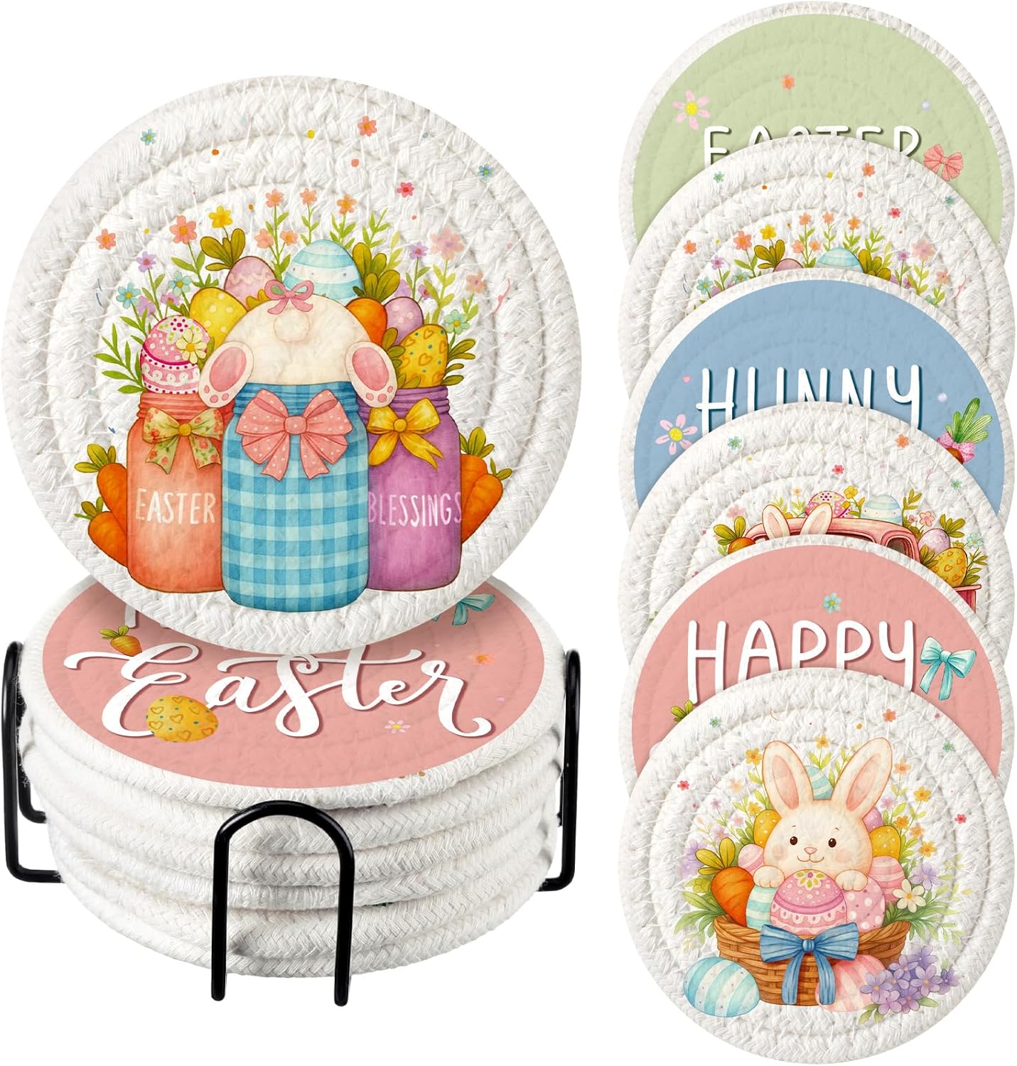 Posavasos de Pascua hechos a mano de algodón trenzado con diseño de conejo festivo