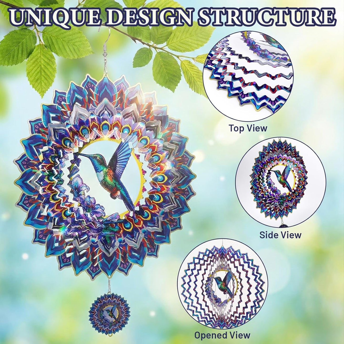 Molinillo viento mandala colibrí 12pulg metal 3D decoración jardín