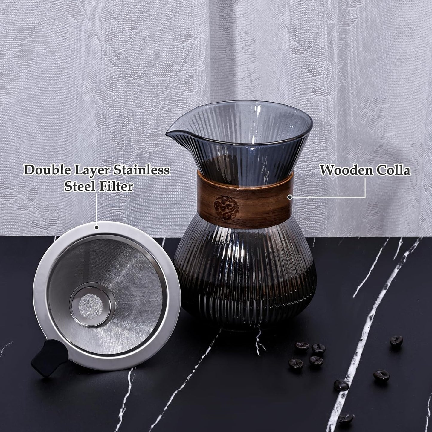 Cafetera Vertida 14oz Jarra Vidrio Forma V Cuello Madera