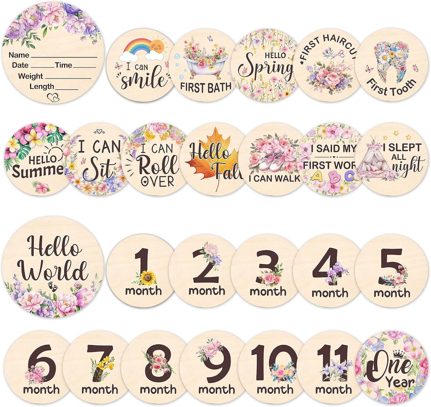Tarjetas hitos bebé madera flores doble cara 13 pzas