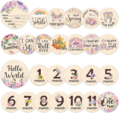 Tarjetas hitos bebé madera flores doble cara 13 pzas