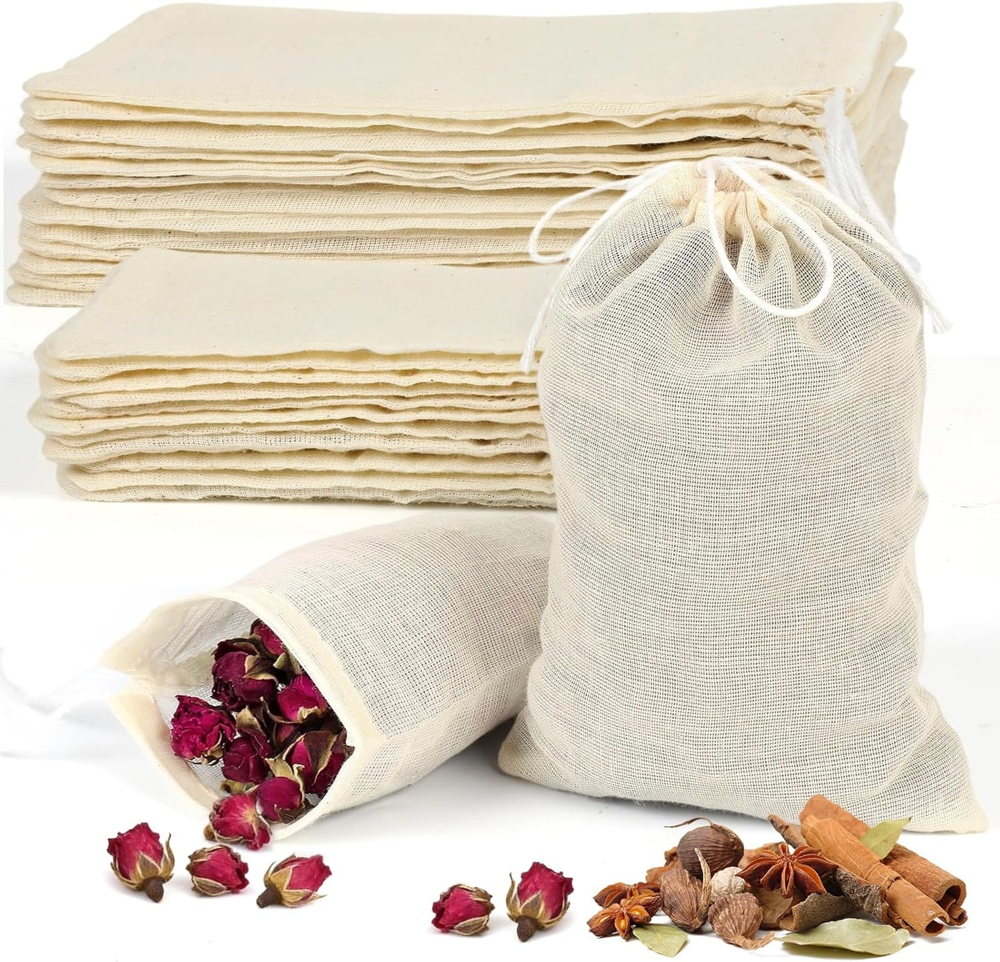 30 bolsas de muselina sin blanquear con cordón reutilizables para especias, hierbas, colar sopa, té y remojo de pies
