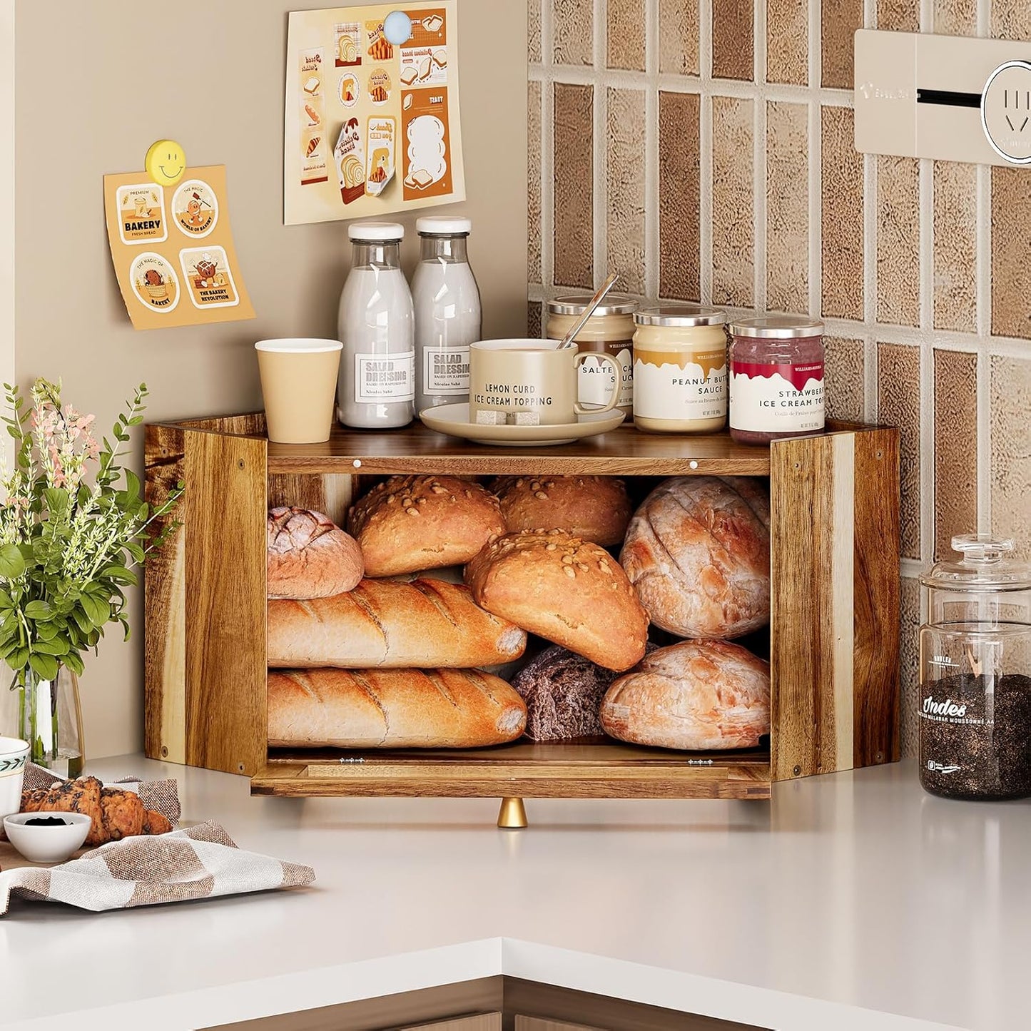 Panera esquinera bambú encimera almacenamiento pan puerta arcílica