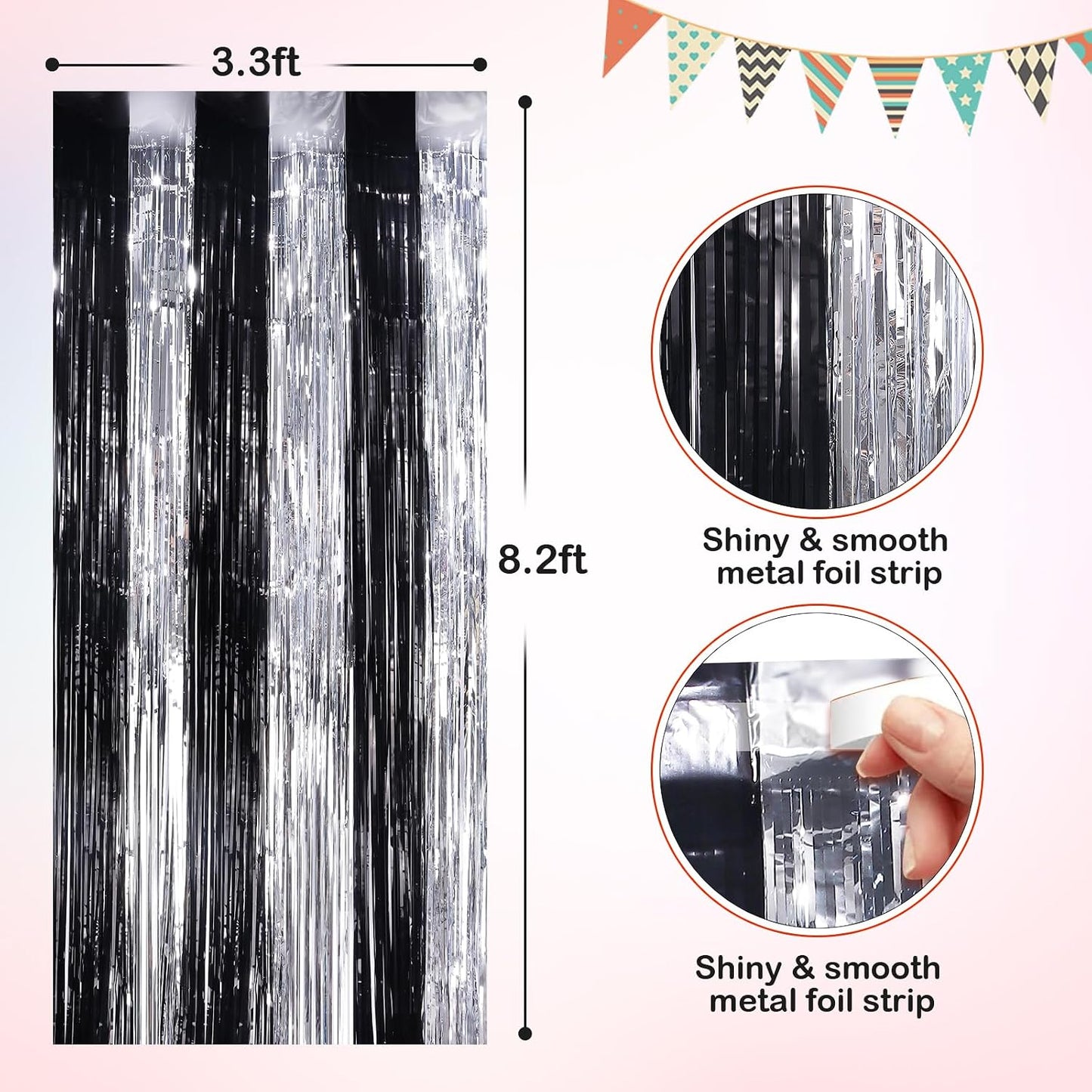 Cortinas flecos oropel negro plateado 4pzas 3.3x8.3pies