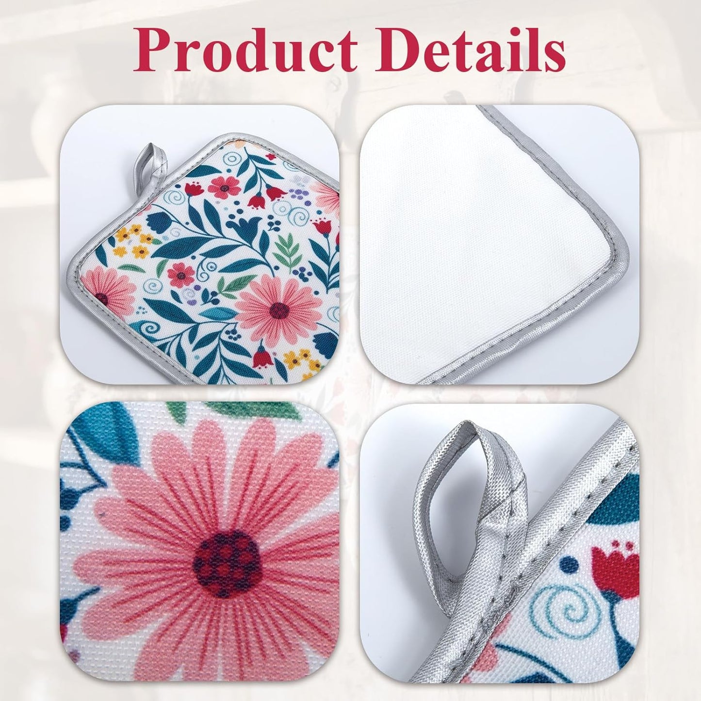 Juego de 2 manoplas florales para horno y soportes para ollas, guantes de cocina resistentes al calor con almohadillas calientes