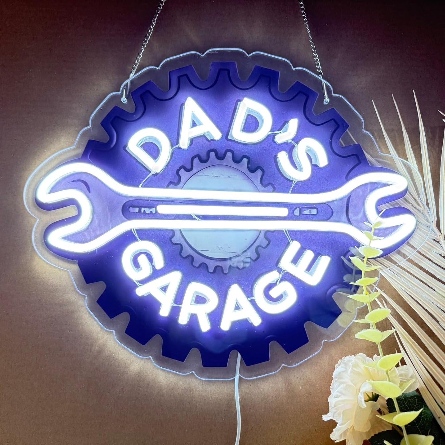 Letrero neón garaje papá con llave y engranaje