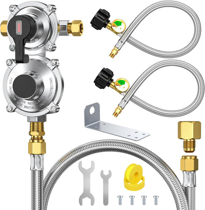 Regulador propano caravana 2 tanques mangueras 18pulg acero inox