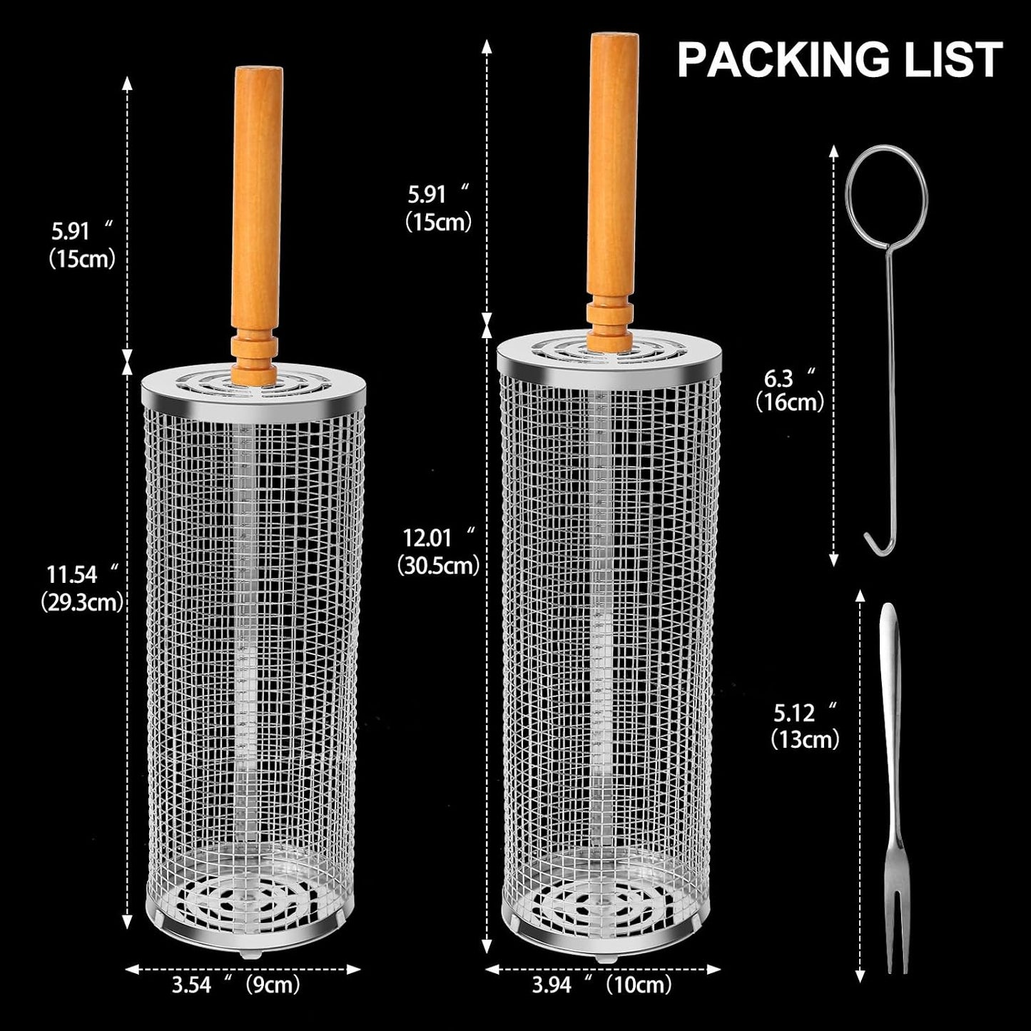 2 Cestas Parrilla Anidables Malla Acero Inox 304 Asas Madera