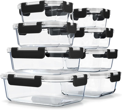 Contenedores Vidrio Borosilicato 16 Pzas BPA-Free Airtight Negro