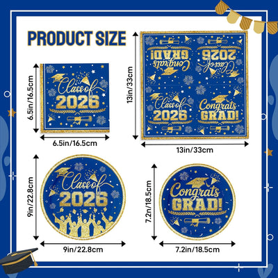 Set 100 Platos Servilletas Graduación Azul Dorado Clase 2026