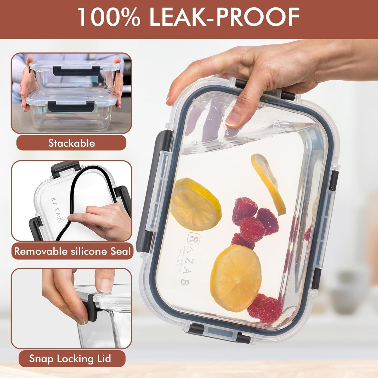 4 Recipientes Vidrio 63oz Con Tapas Bloqueo Almacenamiento Sin BPA
