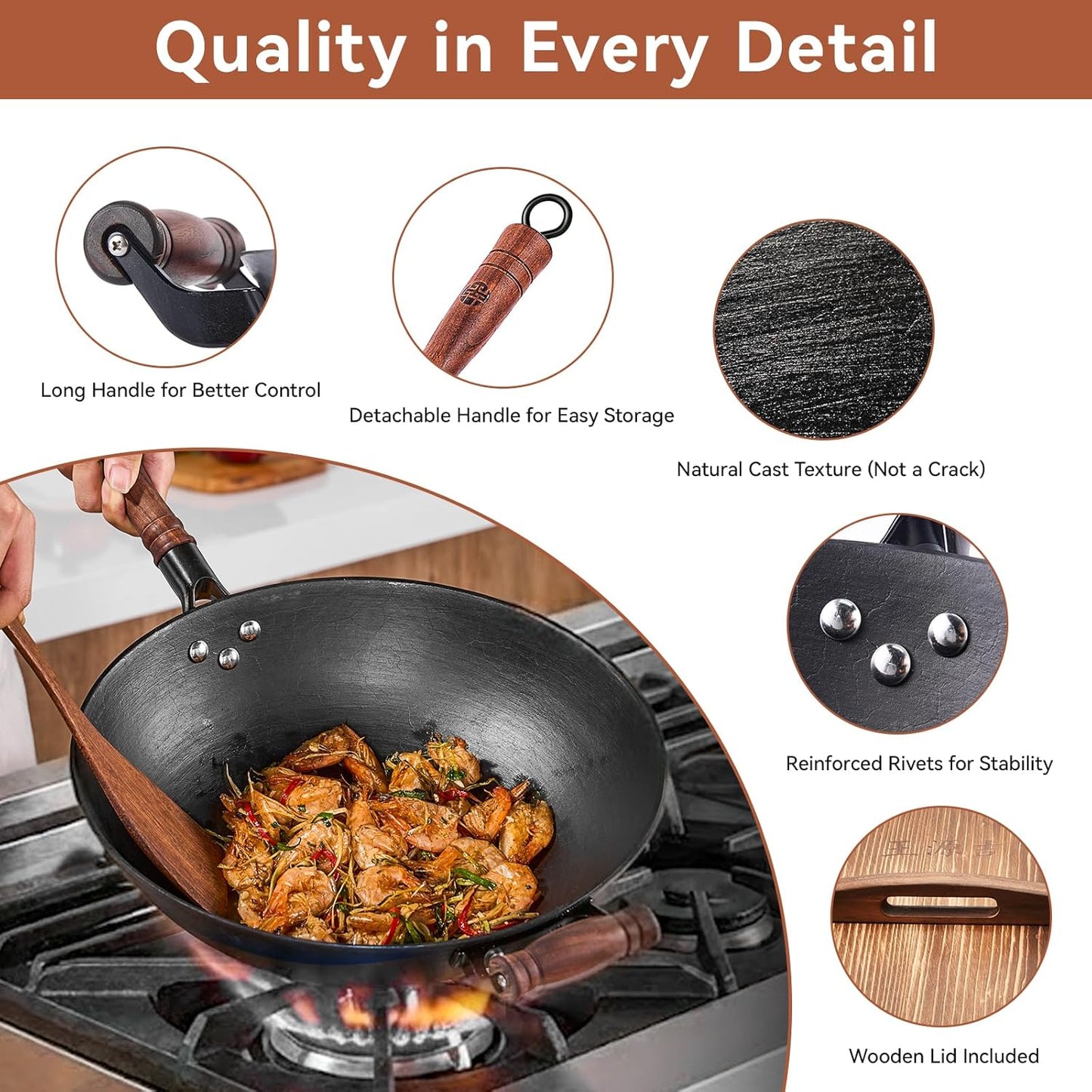 Espátula de wok de acero al carbono con gancho antideslizante, wok de hierro fundido 13.4" para salteado chino