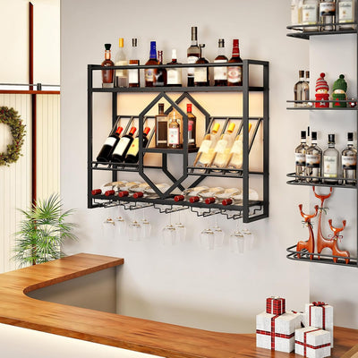 Estante vino pared luz LED 31.5pulg 3 niveles soporte vidrio negro