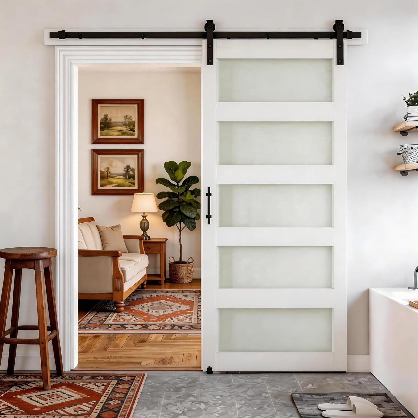 Puerta granero vidrio 36x84pulg 5 paneles PVC blanco