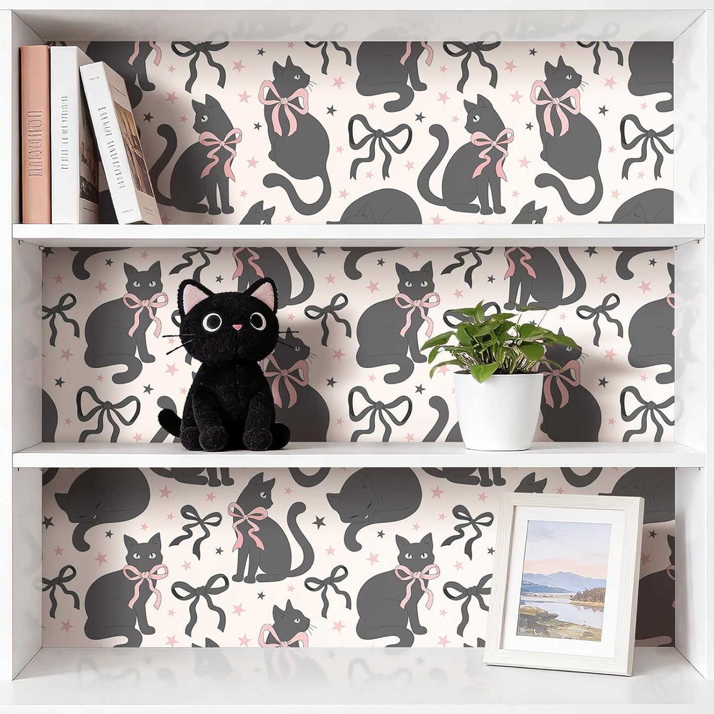 Papel tapiz gato extraíble negro rosa estrellas coqueta dormitorio