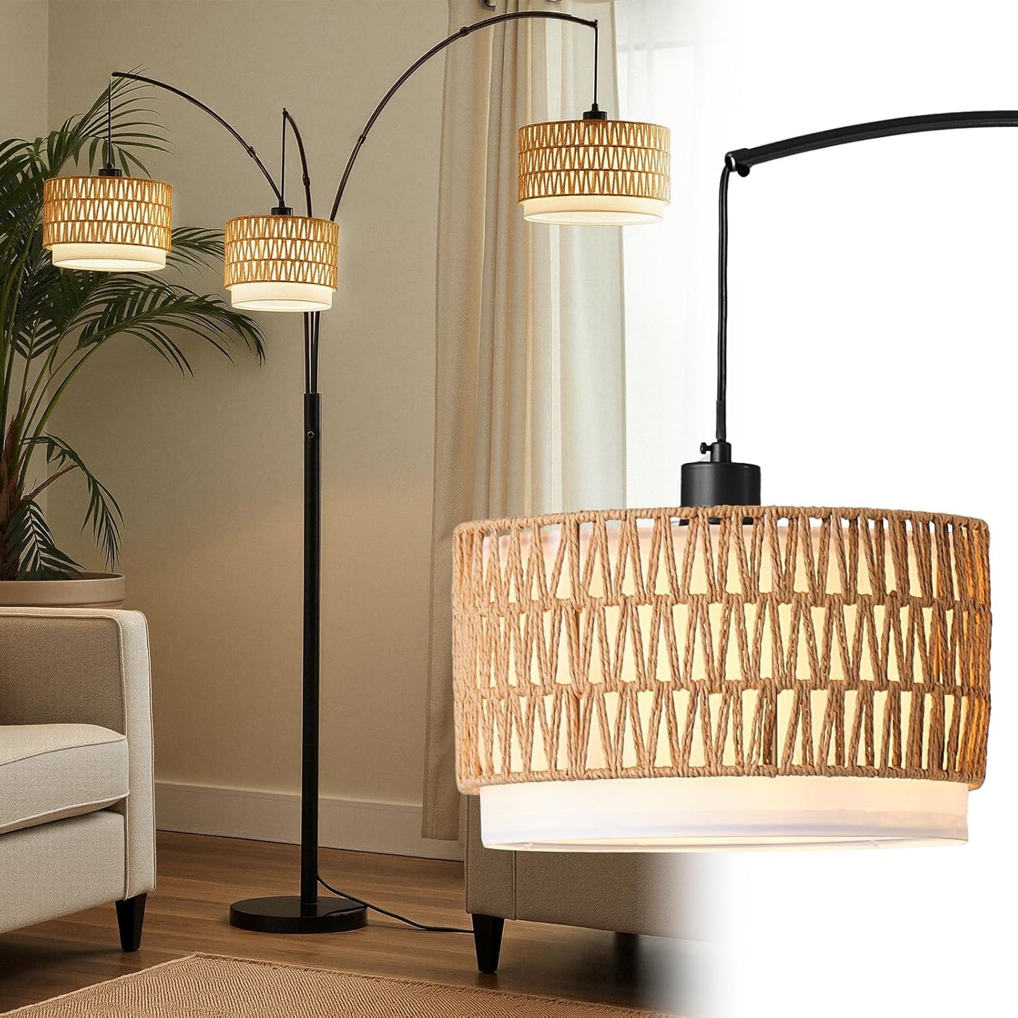 Lámpara pie arco 80pulg 3 luces mimbre estilo bohemio