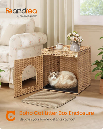 Caja arena gatos con muebles ratán alfombrilla bohemia amarillo