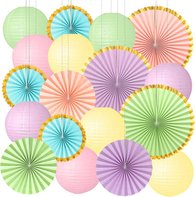 18 Pzas Decoraciones Fiesta Colores Pastel Linternas y Abanicos