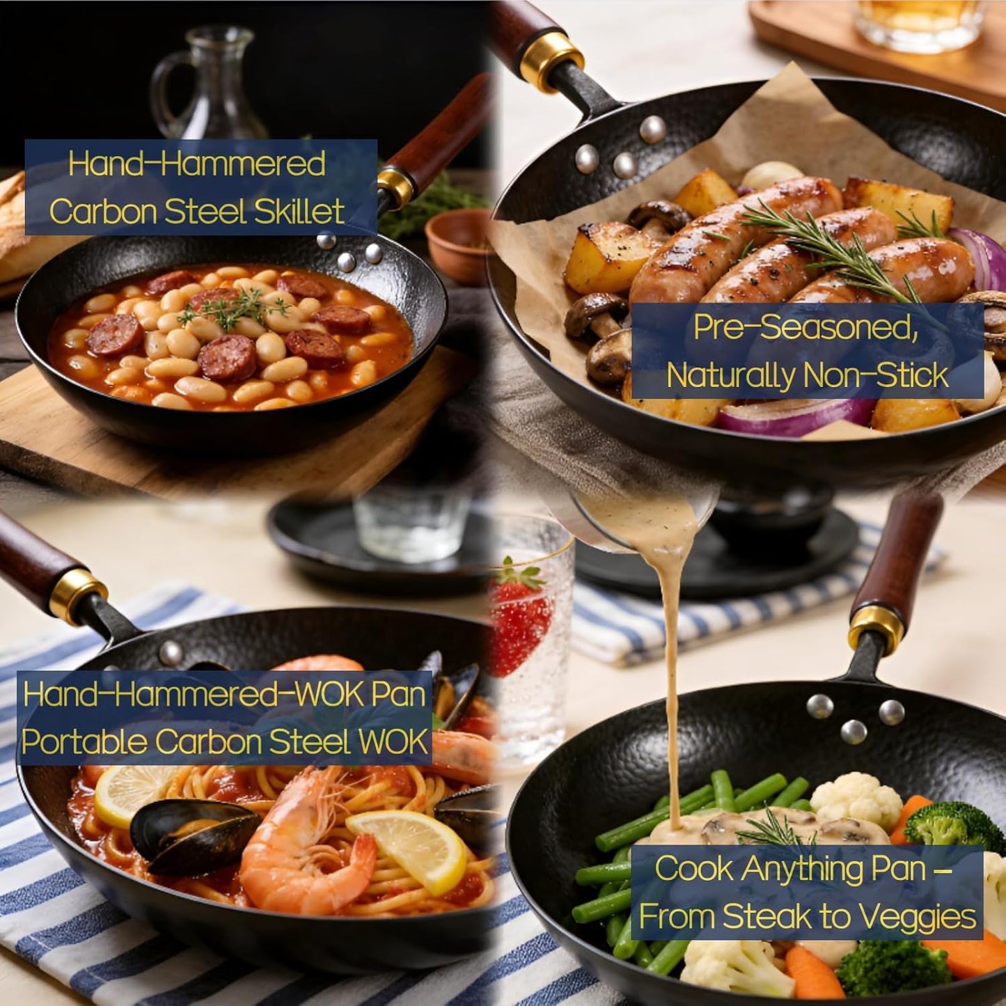 Sartén Wok Acero Carbono 11pulg Antiadherente Multiuso