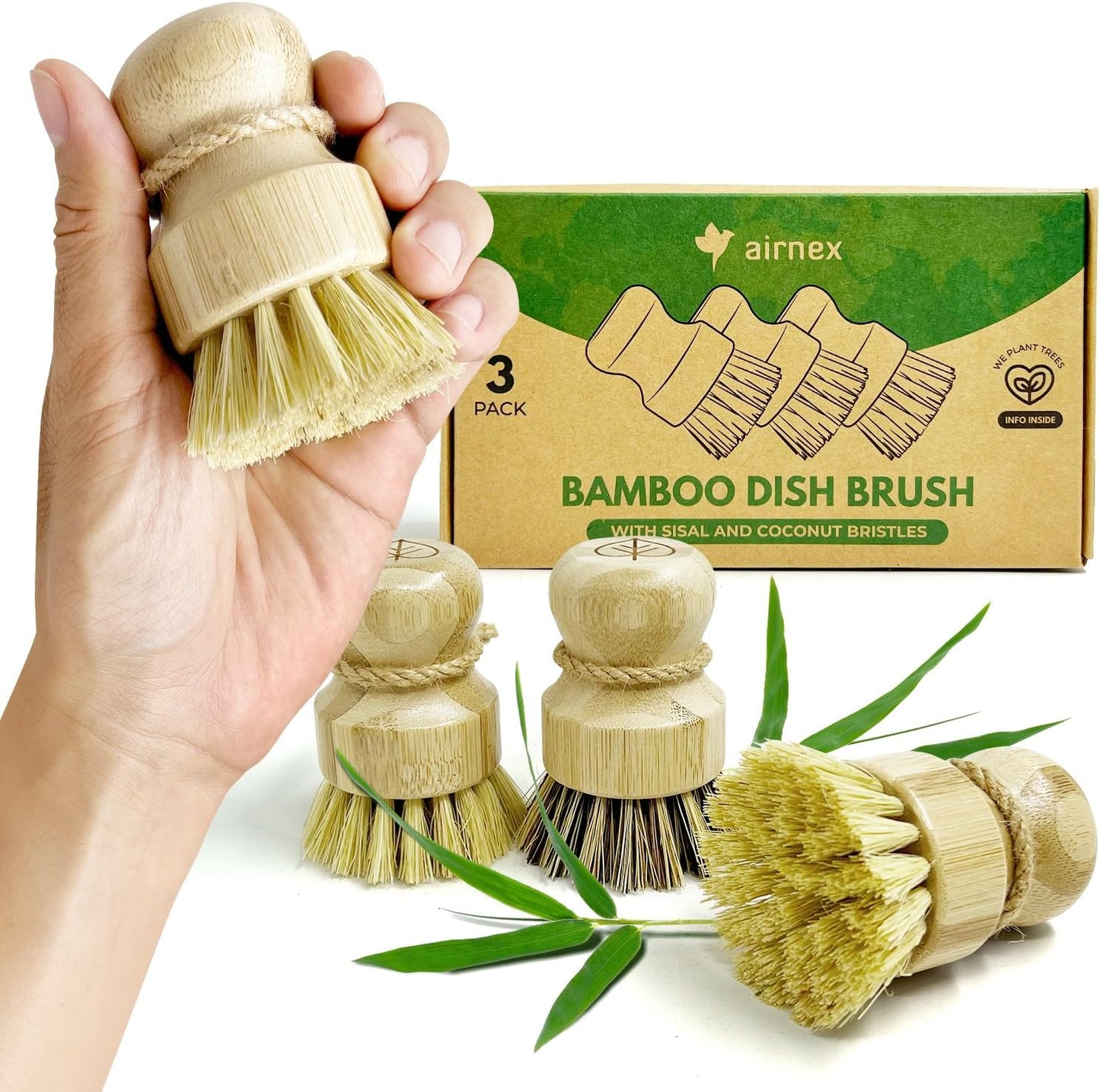 Set 3 Cepillos Bambú para Platos con Sisal y Cerdas de Coco