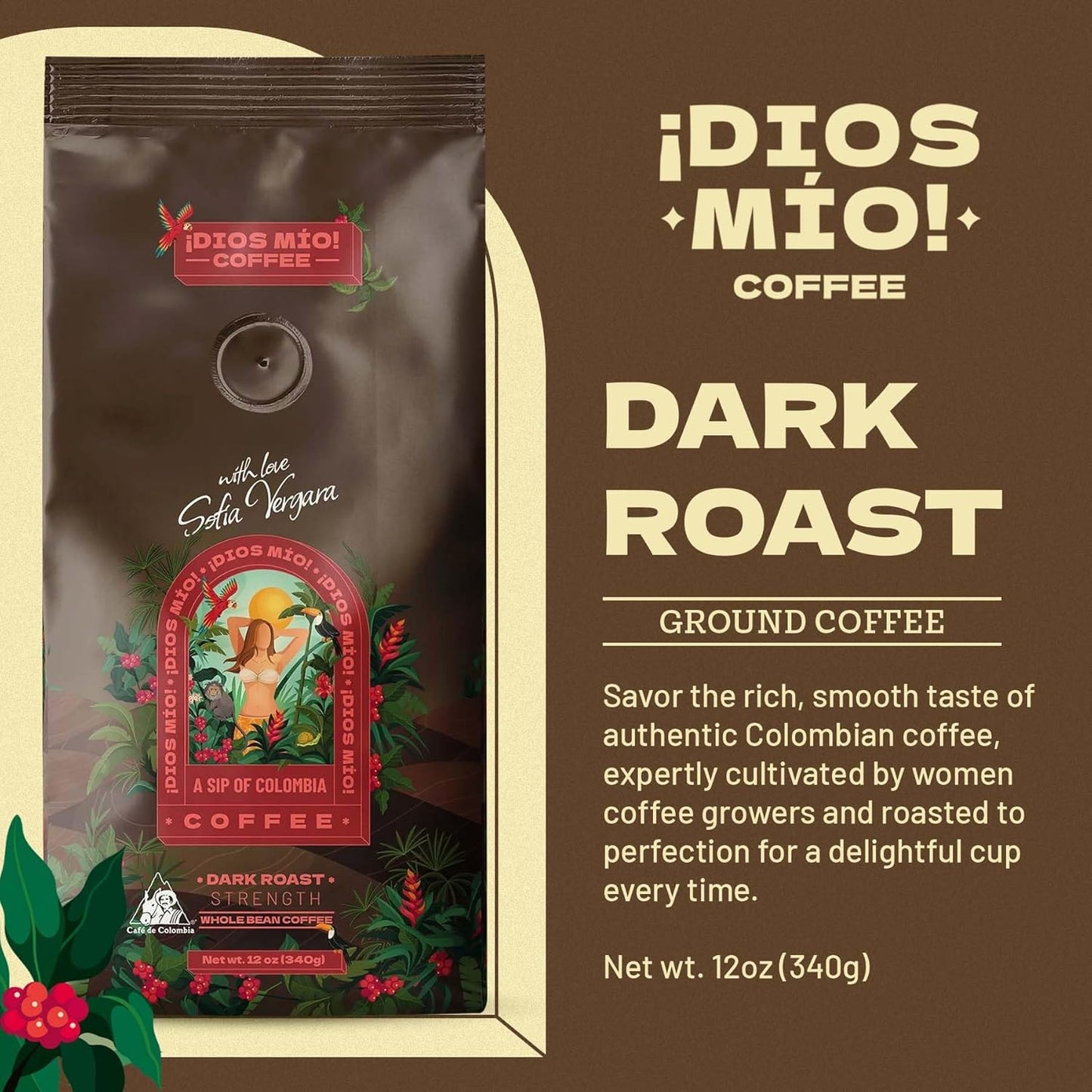 Café colombiano molido Dios Mio Coffee tostado claro y oscuro bolsa de 12 oz