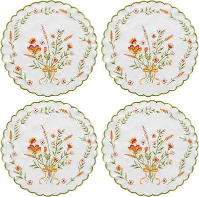 Juego de 4 manteles individuales redondos de flores silvestres bordados