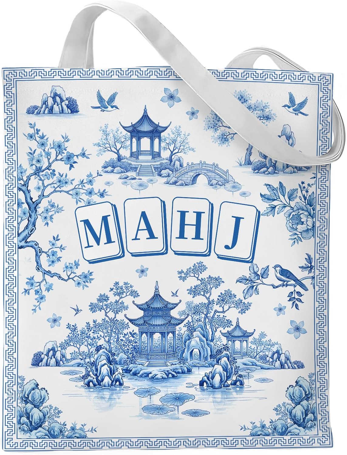 Bolsa de mano reutilizable chinoiserie con estampado azul para mujer