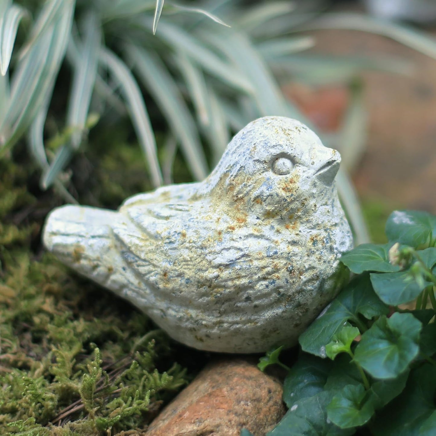 Estatuas pájaros cemento decoración patio césped