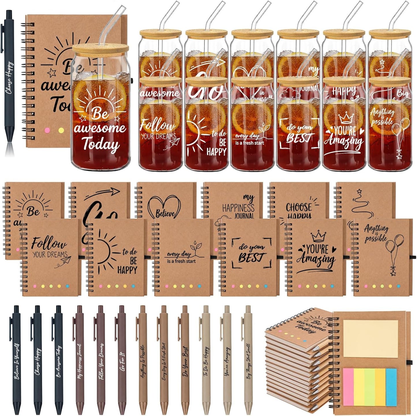Set 60 Pzas Vasos Vidrio 16oz Tapas Pajitas Bambú Cuadernos A6