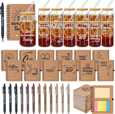 Set 60 Pzas Vasos Vidrio 16oz Tapas Pajitas Bambú Cuadernos A6