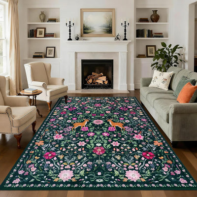 Alfombra bohemia lavable 5x7ft pelo bajo color verde oscuro