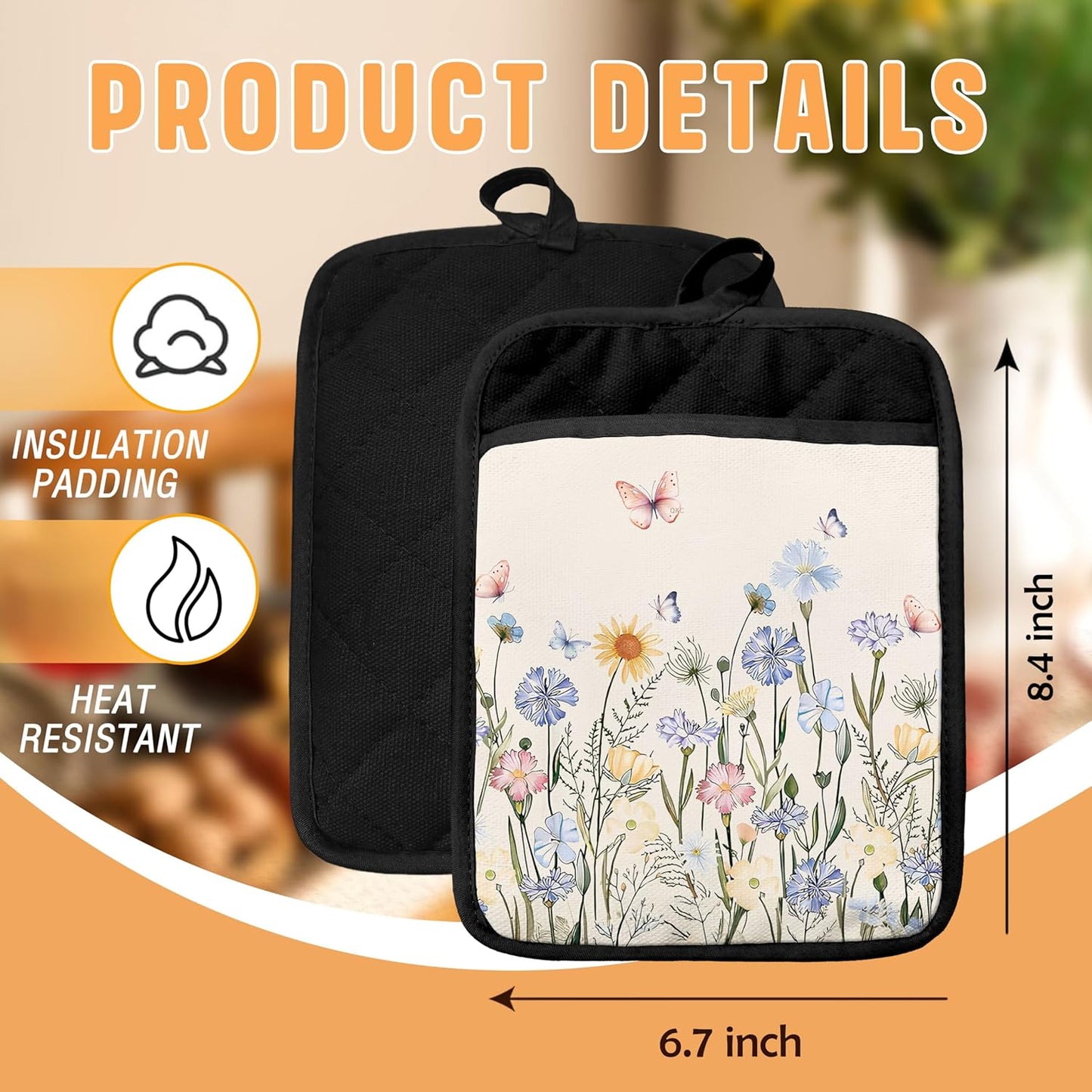 Soportes para ollas con diseño floral de mariposa con bolsillos