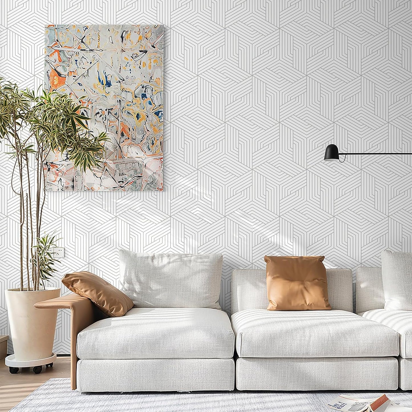 Papel tapiz geométrico gris y blanco autoadhesivo para baño