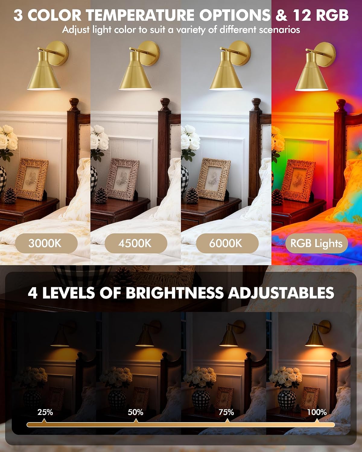 Apliques pared inalámbricos LED dorados recargables set 2
