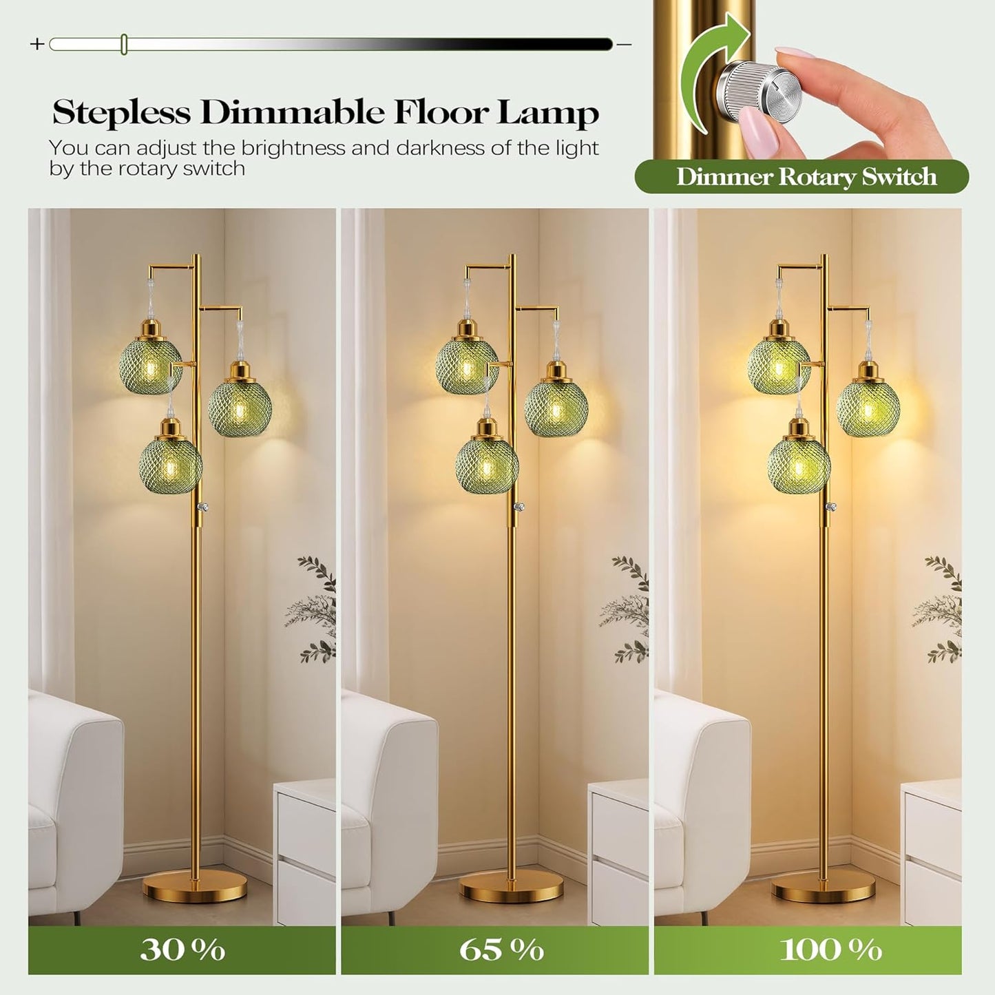 Lámpara pie moderna 3 luces 68pulg vidrio vintage verde