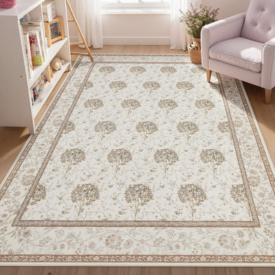 Alfombra bohemia floral rosa para dormitorio niña antideslizante