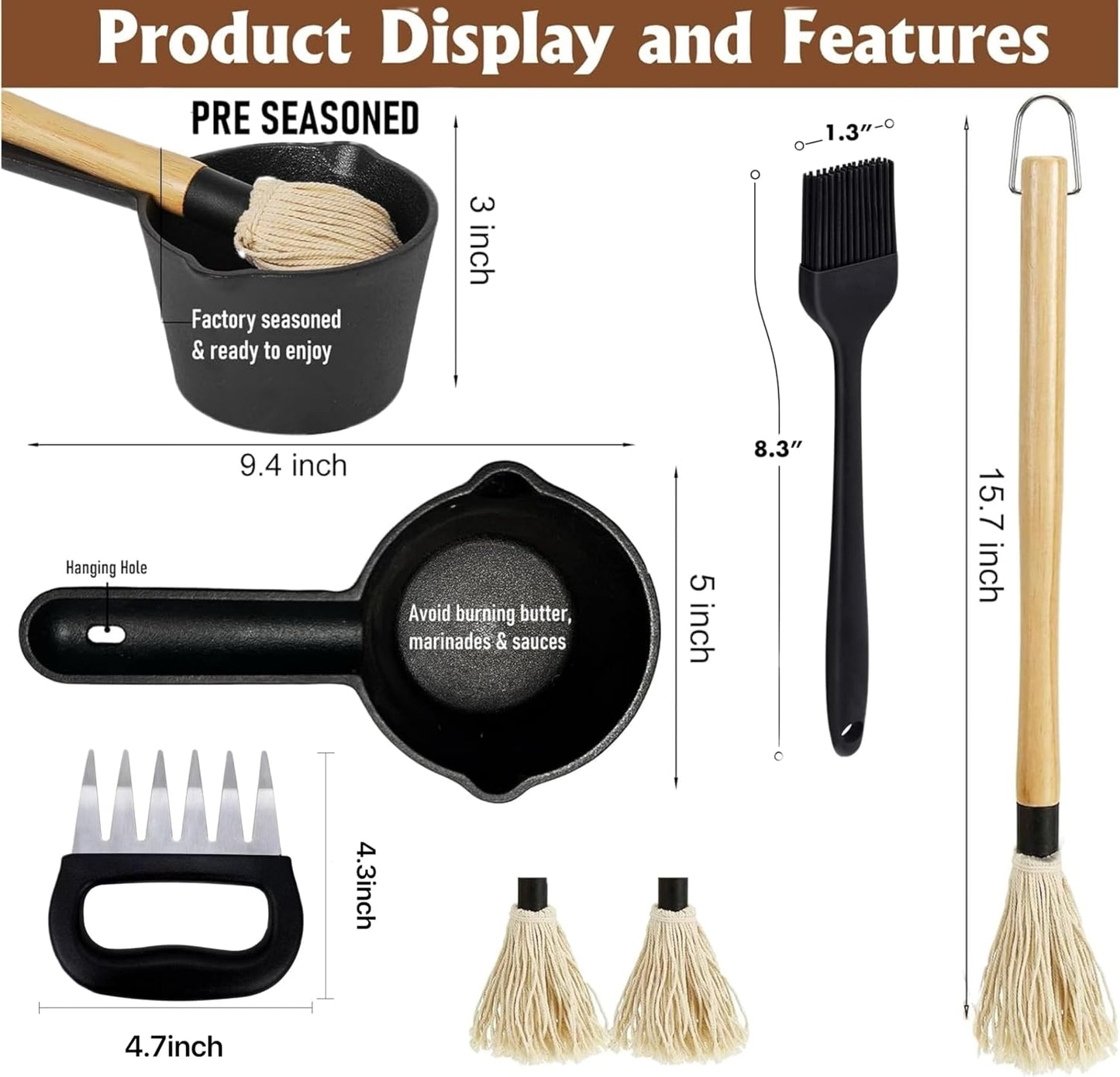 Juego 8 cepillos para barbacoa y olla hierro fundido