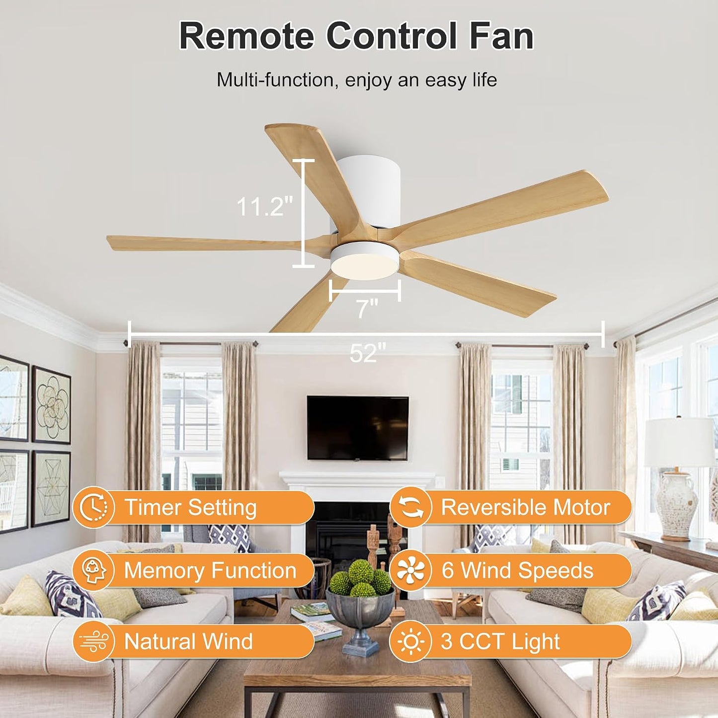 Ventilador techo 52pulg madera motor CC reversible