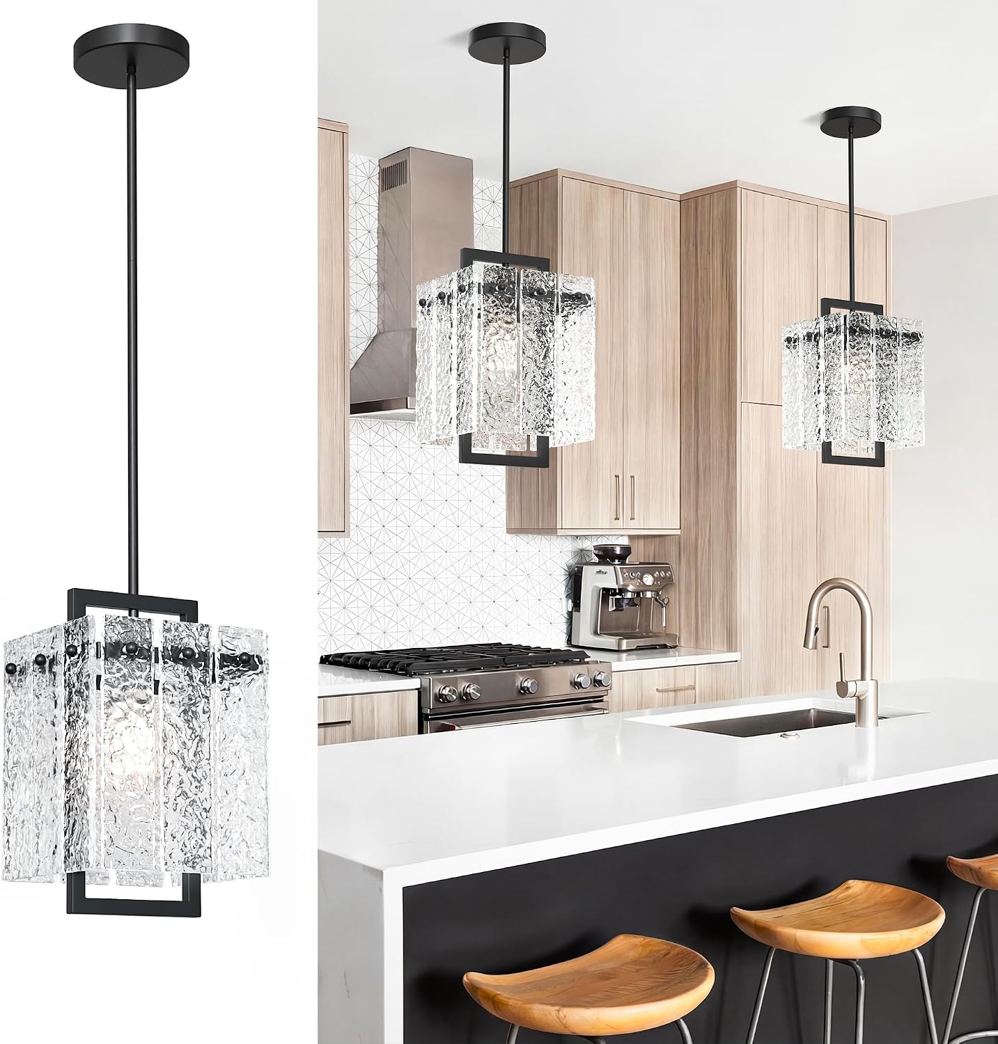 Luces colgantes negras isla cocina vidrio ondulado 7.3pulg