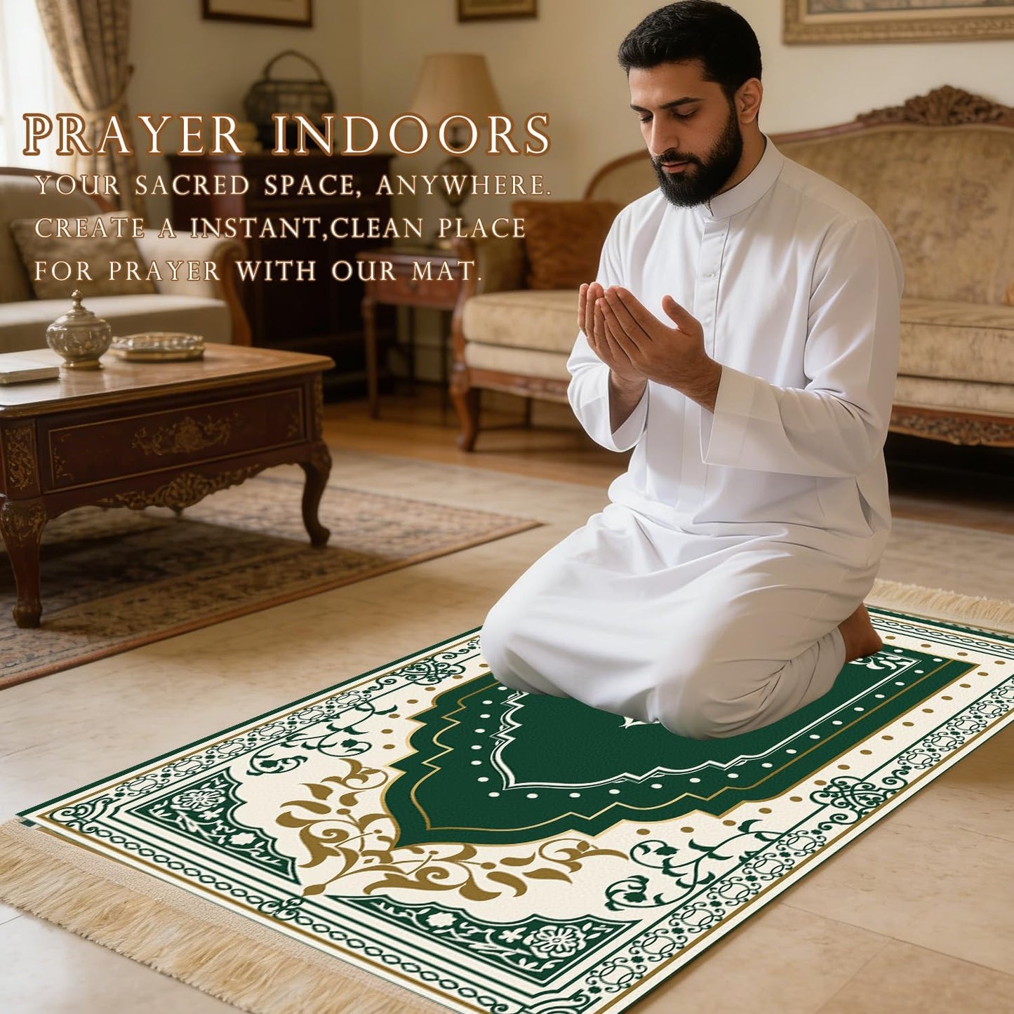 Alfombra oración musulmana verde con cuentas islámicas