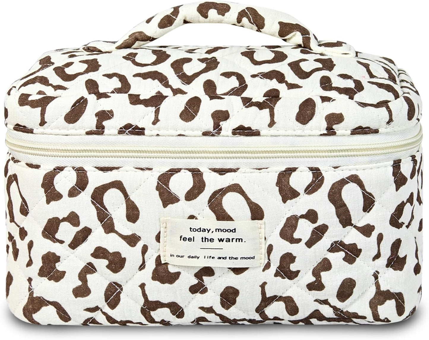 Bolsa maquillaje acolchada floral marrón estética viaje