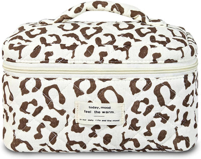 Bolsa maquillaje acolchada floral marrón estética viaje