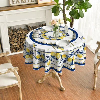 Mantel redondo de verano 60x60 pulgadas diseño vintage limón blanco y amarillo lavable