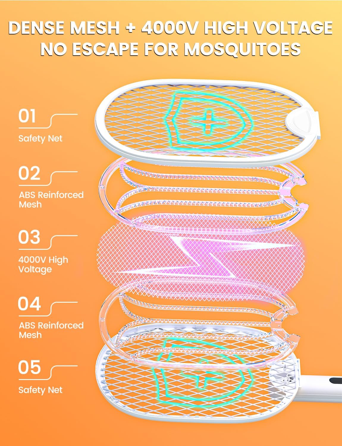 Matamoscas eléctrico 4000V batería 5 capas plegable blanco