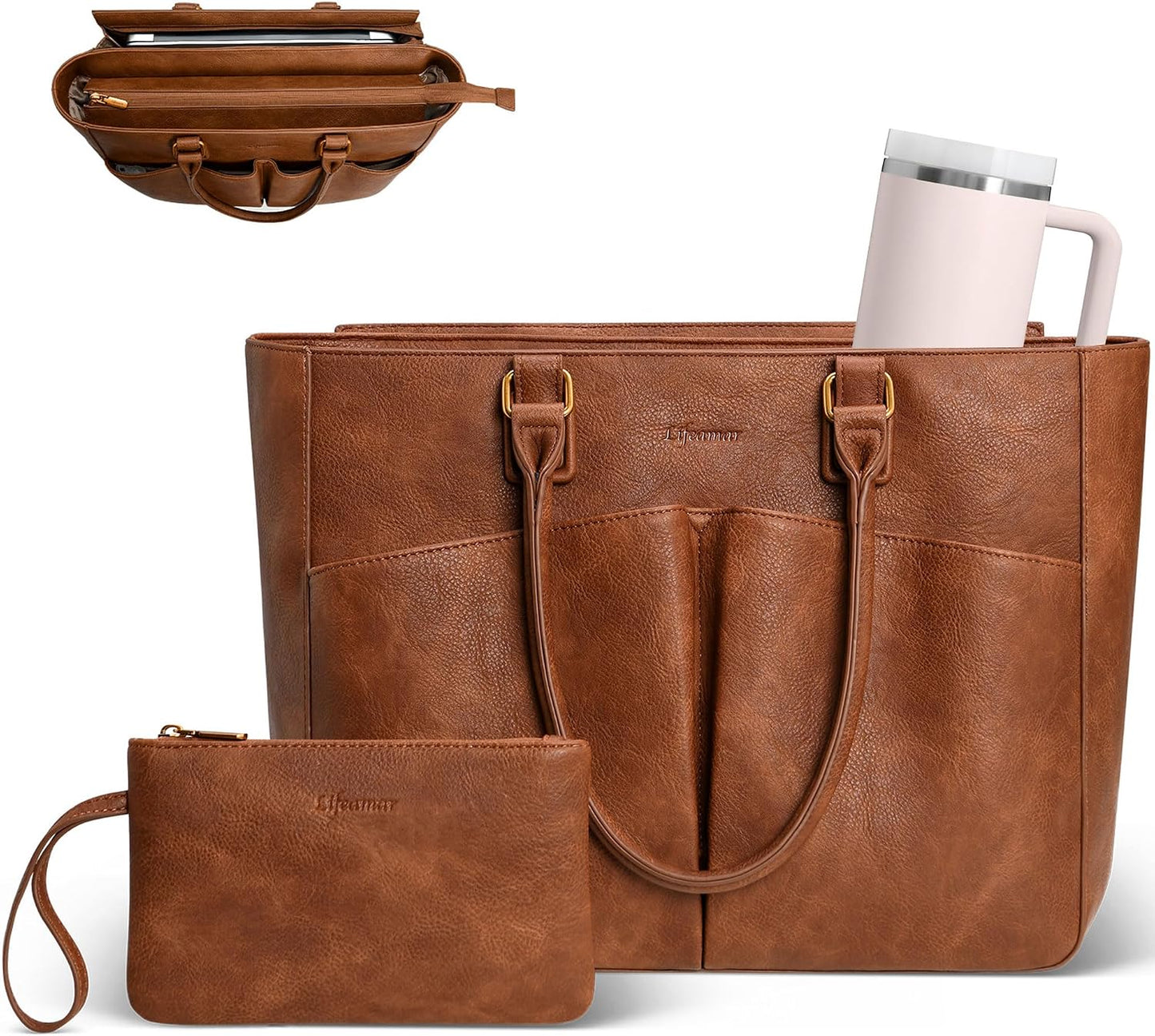 Bolsa cuero para laptop mujer con portavasos