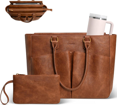 Bolsa cuero para laptop mujer con portavasos